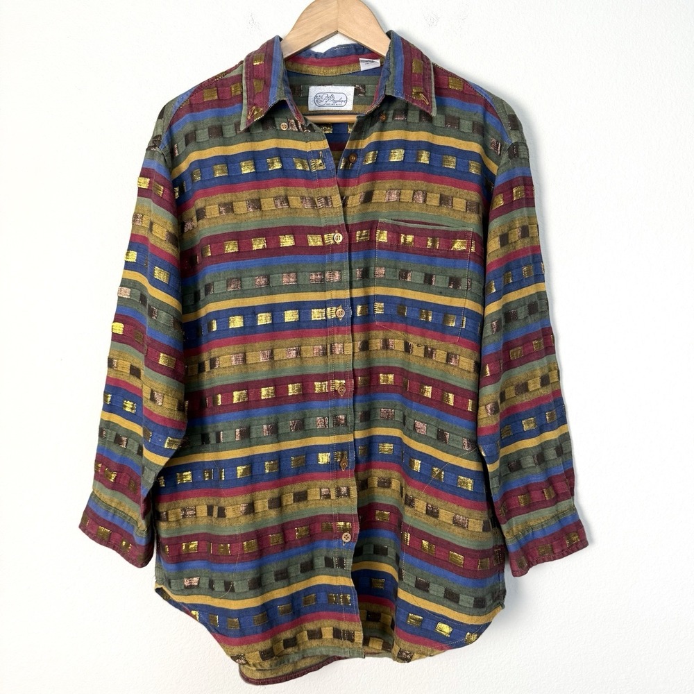 Vintage Striped Button Down Shirt Womens Medium Western Boho Hippie Rustic Artsy